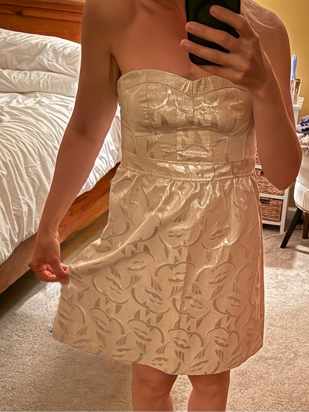 American Eagle Outfitters Strapless Jacquard Dress in Champagne Gold